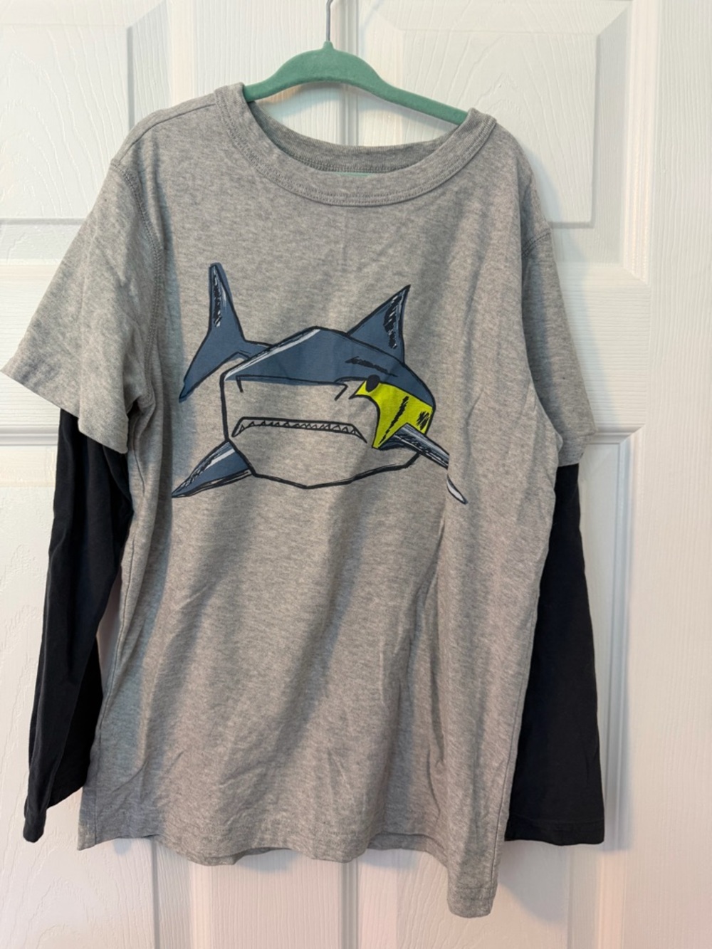Tea Collection Gray Layered-Look Long Sleeve Tee with Blue and Neon Yellow Shark